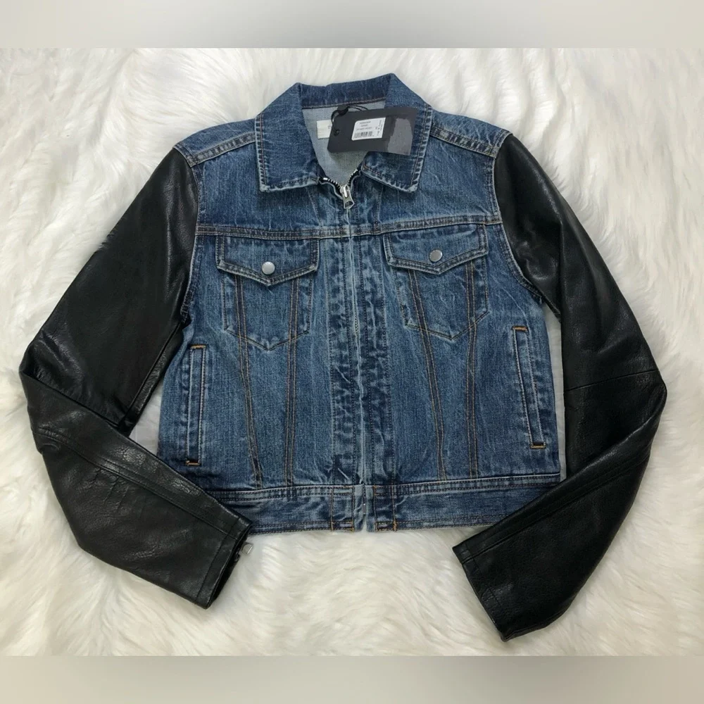 NWT $595 Rag Bone Nico Zip-front Denim Jacket With Leather Sleeves In Indigo